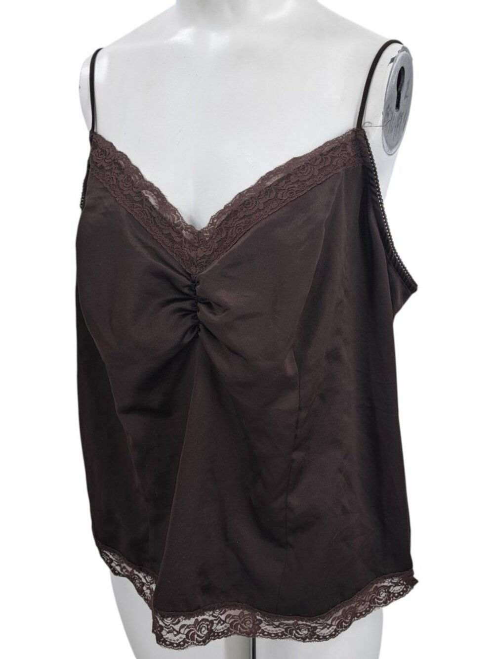 Vintage Worthington Y2K Brown Lace Ruched Cami Camisole Size 1X Satin Silky